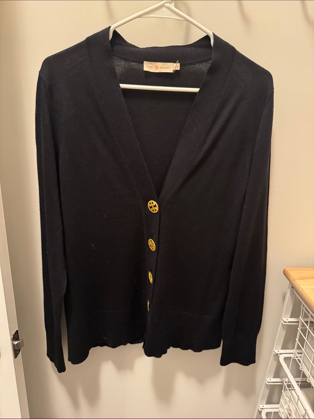 Tory Burch Navy Cardigan with Gold Logo Buttons